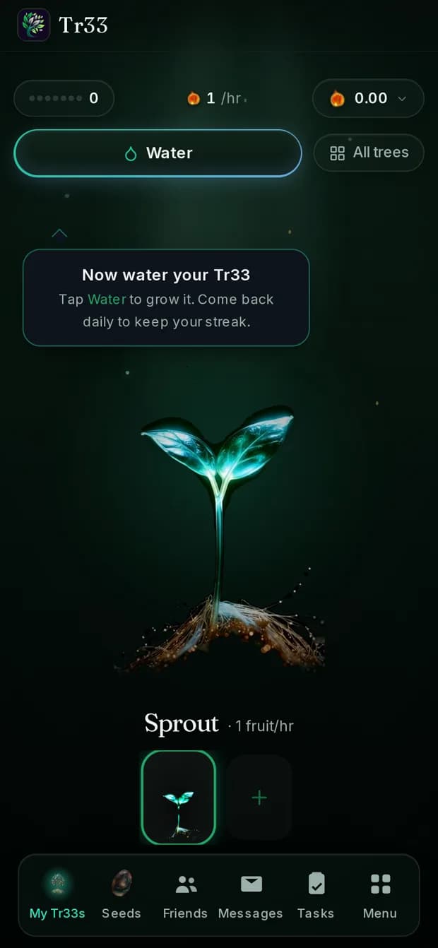 The Tr33 game running: a sprout, a Water button and a daily streak.